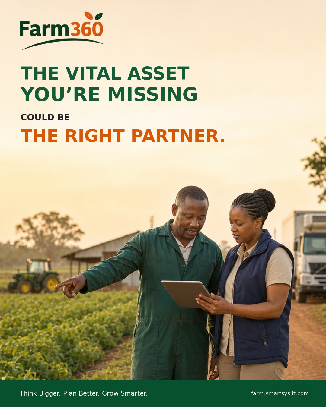 A farmer and strategic partner review plans while workers load harvested tomatoes into a refrigerated logistics truck